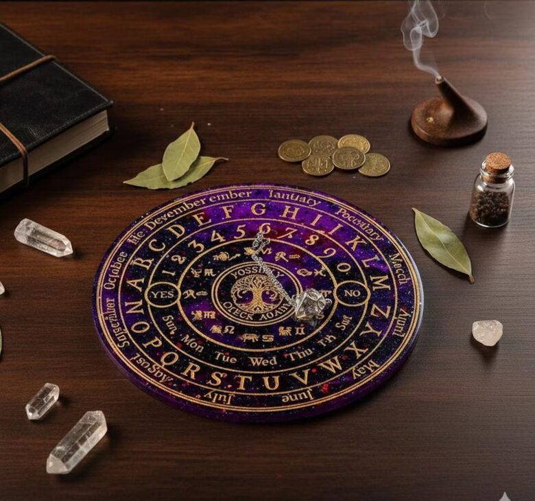 Violets ouija laukums ar zelta simboliem un burtiem uz tumša koka galda, uz kura redzams svārstiņš, kristāli, monētas, lauru lapas, vīraks ar dūmiem un maģiska piezīmju grāmata, radot mistisku zīlēšanas un rituāla noskaņu.